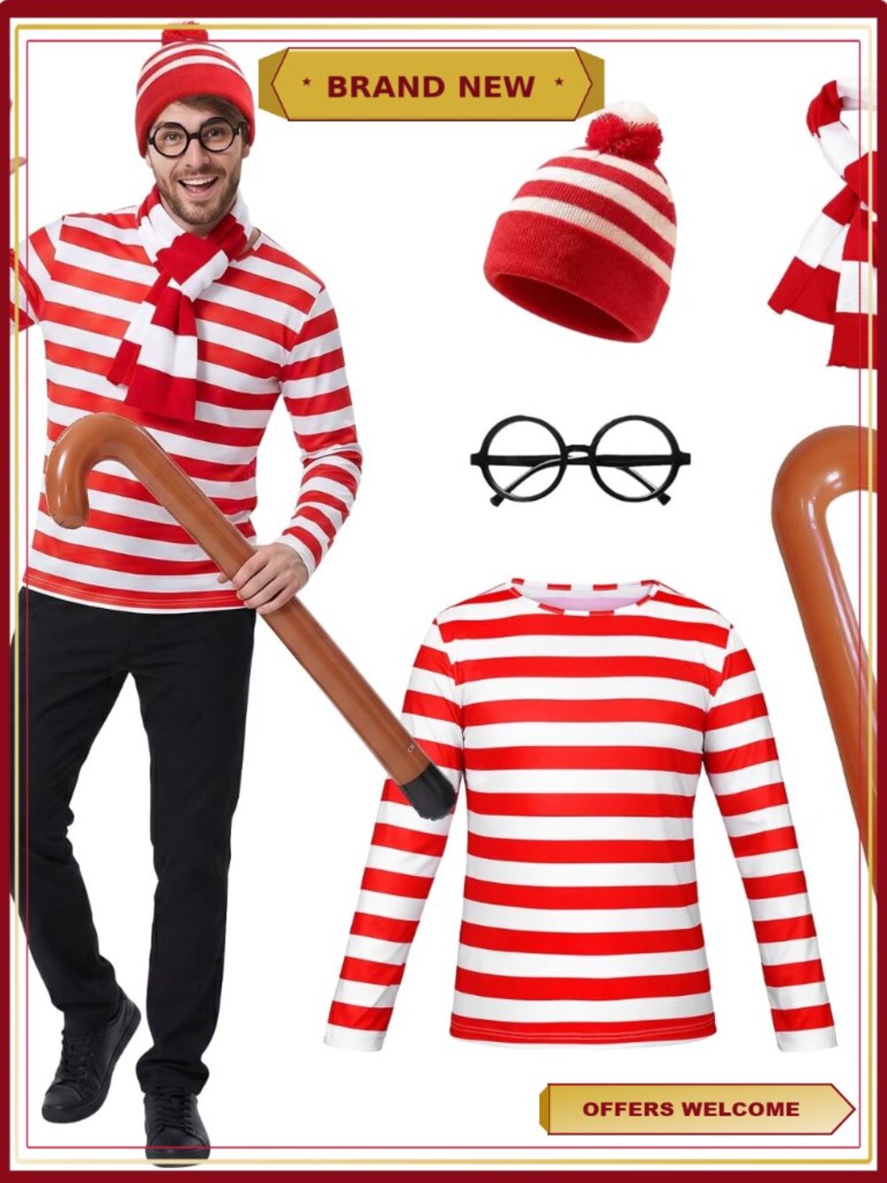 Red White Striped Costume Set with Hat Glasses Scarf Crutch